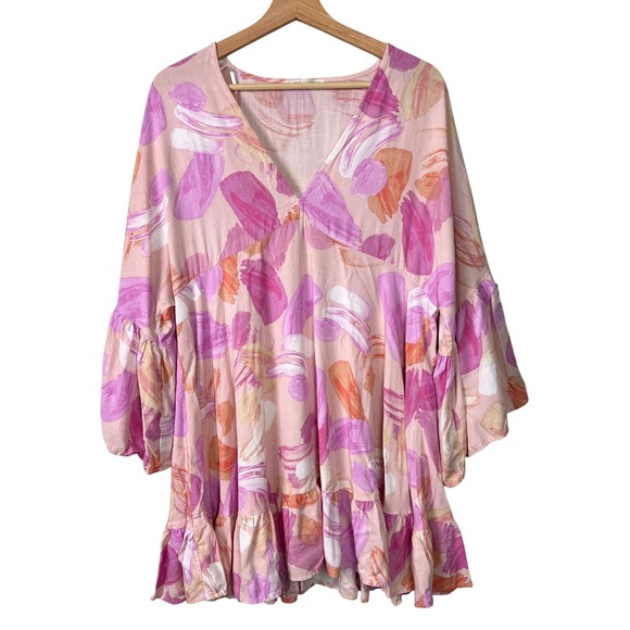 Label Of Love Dresses & Skirts - Label of Love Pink Abstract Brushstroke V-Neck Bell Sleeve Mini Dress Large